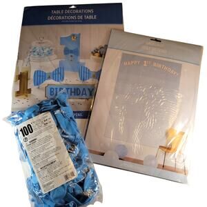 Blue 1st Birthday Party Kit - Backdrop, Table Decorations, 100 Balloons Set